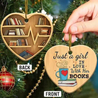 Book Lovers Heart Shaped Bookshelf Pendant Wood Ornament Gift For Cat Lover