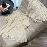 Bộ ngủ cộc tay chấm bi đen chất xô muslin đồ ngủ nhà Vani