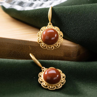 鍍925銀耳環金色高檔人造南紅寶石優雅百搭個性時尚設計女士耳墜