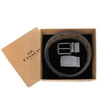 COACH 方牌x針扣雙色38MM寬版皮帶禮盒(駝/黑雙色)