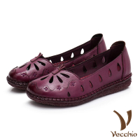 【Vecchio】真皮頭層牛皮蝴蝶意象縷空軟底舒適平底單鞋(紫)