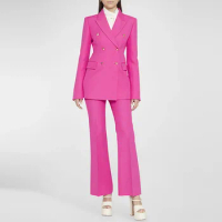 Elegant Double Breasted Blazer + Pant Sets 2 Piece for Women Office Lady Business Outfits Autumn Winter Trousers Pink Suits
