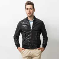 Men's Leather Jacket Casual Outfit Coat 100% Genuine Leather Jacket Short Fashion Sheepskin Aviator Lambs Flight Casual Coat