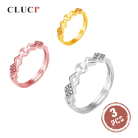 CLUCI 3pcs 925 Sterling Silver Rose Gold Ring for Women Silver 925 Pearl Ring Mounting Adjustable Women Ring Jewelry SR2171SB