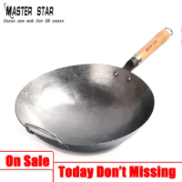 Master Star Chinese Carbon Steel Wok With Ear Handmade Hammering Large Iron Wok Non-stick Non-coating Healthy Wok Gas Cookware