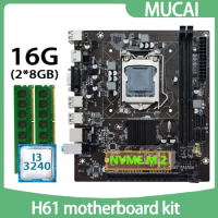 MUCAI H61 Motherboard DDR3 16GB(2*8GB) 1600MHZ RAM Memory With Intel Core i3 3240 CPU Processor And LGA 1155 Kit Set PC Computer