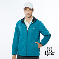 【Lynx Golf】男款保暖防風內刷毛右肩經典大山貓印花長袖連帽外套-藍綠色