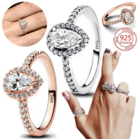 925 sterling silver ring sparkling pear-shaped halo ring For women's ring light luxury niche versatile jewelry