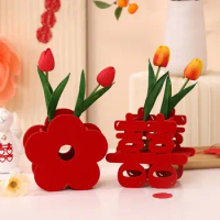 Chinese Style Traditional Wedding Red Flower Vase Good Fortune Hollow Flower Pot Basket Best Wishes Tabletop Decoration