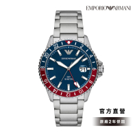 【EMPORIO ARMANI 官方直營】Diver 紅藍撞色GMT手錶 銀色不鏽鋼錶帶 42MM AR11590