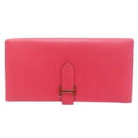 【二手名牌BRAND OFF】HERMES 愛馬 粉色 Chevre Mysore 山羊皮 Bearn soufflet 長夾 A刻 銀扣
