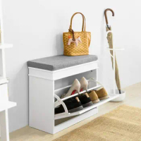 Haotian FSR82-K-W, White Hallway Shoe Bench, Shoe Rack, Shoe Cabinet with Flip-Drawer and Seat Cushion
