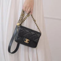 【CHANEL 香奈兒】Mini 方胖經典雙C菱格紋金幣鏈帶小牛皮三用翻蓋鍊包(黑 17CM)