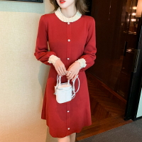 2021年秋冬季女裝法式溫柔風新年洋氣紅色羊毛內搭針織A字連衣裙