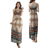 Women Bohemian Long Dress Skirt  Sexy Dress Summer Floral V-Neck  Sling Beach Dress Slim and slim