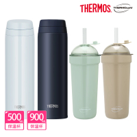 【膳魔師X凱菲】超值2入_不鏽鋼90度輕鬆開蓋真空保溫杯500ml+吸管保溫杯珍奶杯900ml(JOR-500+TCBT-900)