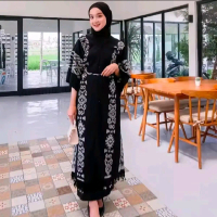 Kaftan Cardigan Panjang - Tenun Ikat Wanita Muslim Etnik Hitam Kondangan Kardigan Dress