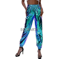 Womens Shiny Metallic Pants, Holographic Disco Sweatpant for 70s 80s Alien Space Cowgirl Halloween Costume Leisure