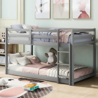 Floor Low Bunk Beds,Stylish &amp; Simple Twin Bunk Bed,Twin over Twin Floor Bunk Bed with Ladder , Gray