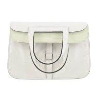 【Hermes 愛馬仕】Halzan 25cm T/C 牛皮撞色手拿/手提/肩背/斜背多用包(BE白/氣泡綠/B刻/銀釦)