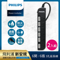 Philips 飛利浦-6開6座延長線 1.8M 兩入組-CHP3460