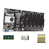 BTC-T37 Miner Motherboard with CPU Group 8 GPU Slots DDR3 8G RAM 128G MSATA SSD Power Cord Motherboard Set for BTC Miner