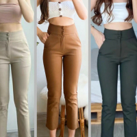 กางเกง 7ส่วนผู้หญิง ผ้าดับเบิ้ลแต่งกระดุมคู่ ผู้หญิง Women Clothing เสื้อผ้า Pants Lady เดฟ