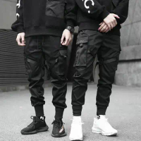 Streetwear 2023 Spring Casual Men's Pants Cotton Ribbons Cargo Pants Harajuku Fashion Slim Fit Black Joggers Men
