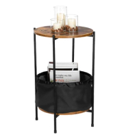 Side Table HODELY Wood Color Round Table Top Two Layers With Artificial Leather PVC Waterproof Cloth Newspaper Bag Wrought Iron