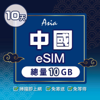 【環亞電訊】eSIM中國10天總量10GB(24H自動發貨 中國網卡 大陸網卡 中國移動 免翻牆 免換卡 eSIM)