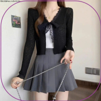 Có hàng Áo Khoác Cadigan Mỏng, Dáng Ngắn Phối Áo 2 Dây Cột Nơ Phối Viền Ren Cổ V Chất Len Gân Hàng Q