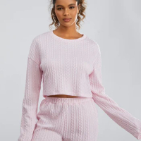 Women Knitted Pajama Set Long Sleeves Tops and Elastic Shorts for Loungewear Soft Sleepwear Nightwear