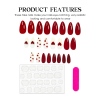 3D Silver Beads False Nails - 24PCS Red Heart Wine Red Romantic Design