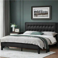 Upholstered Bed Frame with Button-Tufted Headboard, Platform Bed Frame，Black