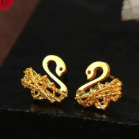 Pure 24K Yellow Gold Earrings Women 999 Gold Swan Stud Earrings