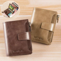 High Quality Genuine Leather Men Wallets Brand RFID Blocking Bifold Trifold Wallet Zipper Coin Purse Business Card Holder Wallet