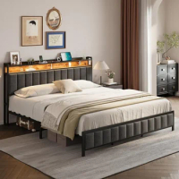 King Bed Frame with Charging Station, Upholstered Size LED Lights Headboard, No Box Spring Needed, Easy Asse