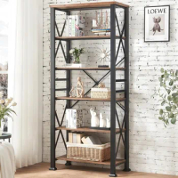 Bookshelf, 6-Tier Industrial Bookshelf, Tall Bookshelf Storage Organizer,Freestanding Bookshelf for Living Room,Bedroom and Home