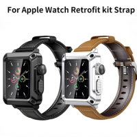 Leather Strap+Watch Case For Apple Watch 6 5 4 SE 44mm 40mm Retrofit kit Drop-proof Glass Metal Cover for iWatch 3 42mm 38mm Bel