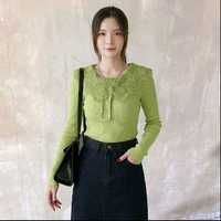 Bella Lace Collar Top - Atasan Rajut Rib Lengan Panjang Renda Style Korea hijau