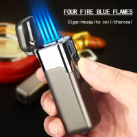 Windproof Metal Torch for Cigar, Butane Lighters, Four Fire, Blue Flame Jet, Adjustable, Luxury, Briquet