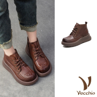 【Vecchio】真皮短靴 厚底短靴/全真皮頭層牛皮百搭浮雕設計厚底短靴(棕)