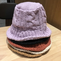紫色手工針織漁夫帽女韓版可愛純色毛線帽秋冬百搭帽子日系盆帽