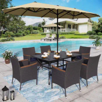 Outdoor Furniture with Umbrella, Outdoor Patio Dining Set , Square Metal Patio Table and Rattan Chairs, Patio Furniture Set