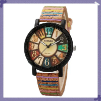 Women's Watch Wood Grain Dial Women's Watch Vintage Striped Pattern Leather Watch