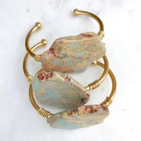 BM14708 African Opal Cuff Bracelet Raw Brass Cuff Aqua Terra Ocean Jaspers Bracelet Stone Bracelet Cuff Bangle