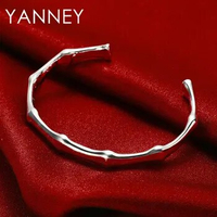 Real 925 Sterling Silver Simple Bamboo Opening Bangle Bracelet For Woman Men Fashion Punk Jewelry Wedding Gift Party
