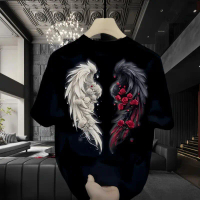 Handsome, heavyweight, summer cotton short-sleeved T-shirt, Angel Wings, high-end trendy brand loose