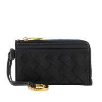 【BOTTEGA VENETA】L 型銀色拉鍊小牛皮編織附鑰匙釦卡包/零錢包(黑色)