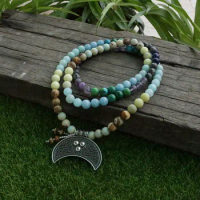 8mm Amazonite And Flower Amethyst Beads Necklace, Help Calm Emotional Mala, 108 Bead Mala, Mala Jewelry, Mala Prayer Beads